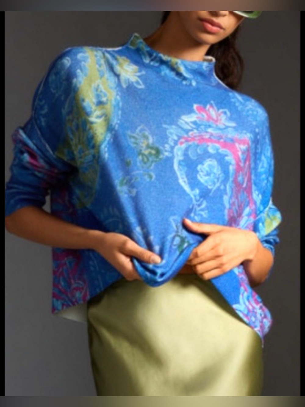 Pilcro Anthropologie Alani Cashmere Mock Neck Sweater Blue Paisley